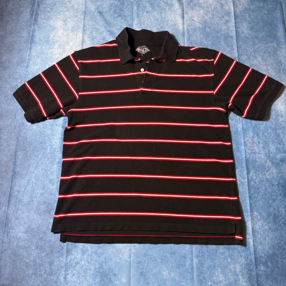 Y2K Classic Polo Striped Black Red White Pique Polo Shirt Size L